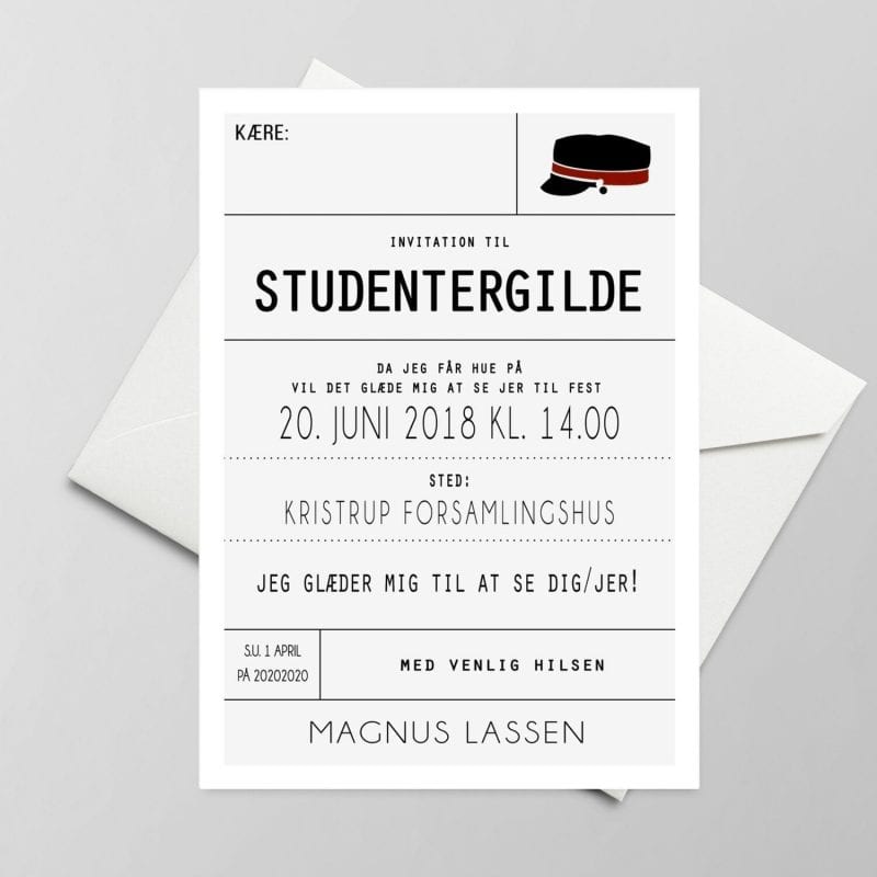 Invitation. Studentergilde. Rød hue. Blå hue.