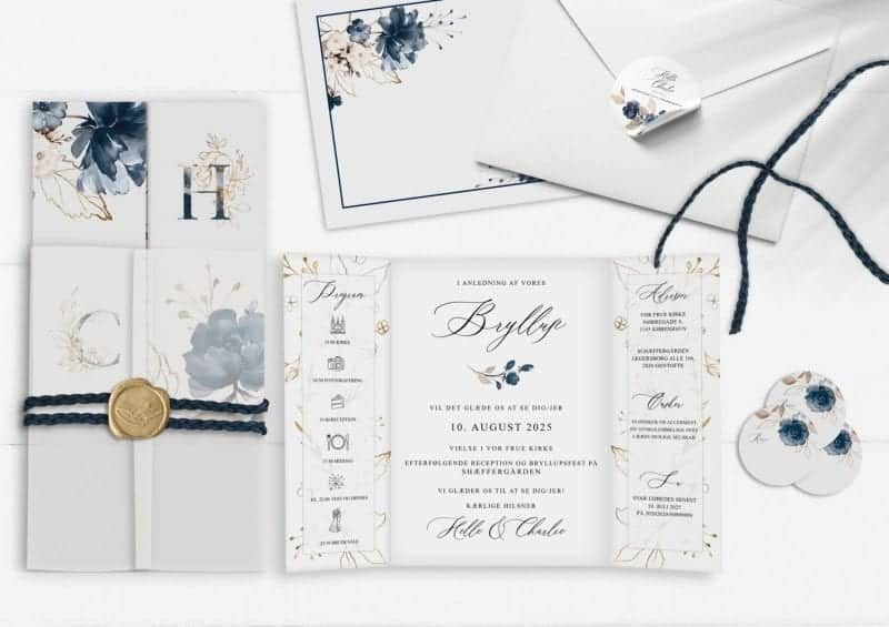 navy bloom, blå invitation til bryllup, portefals