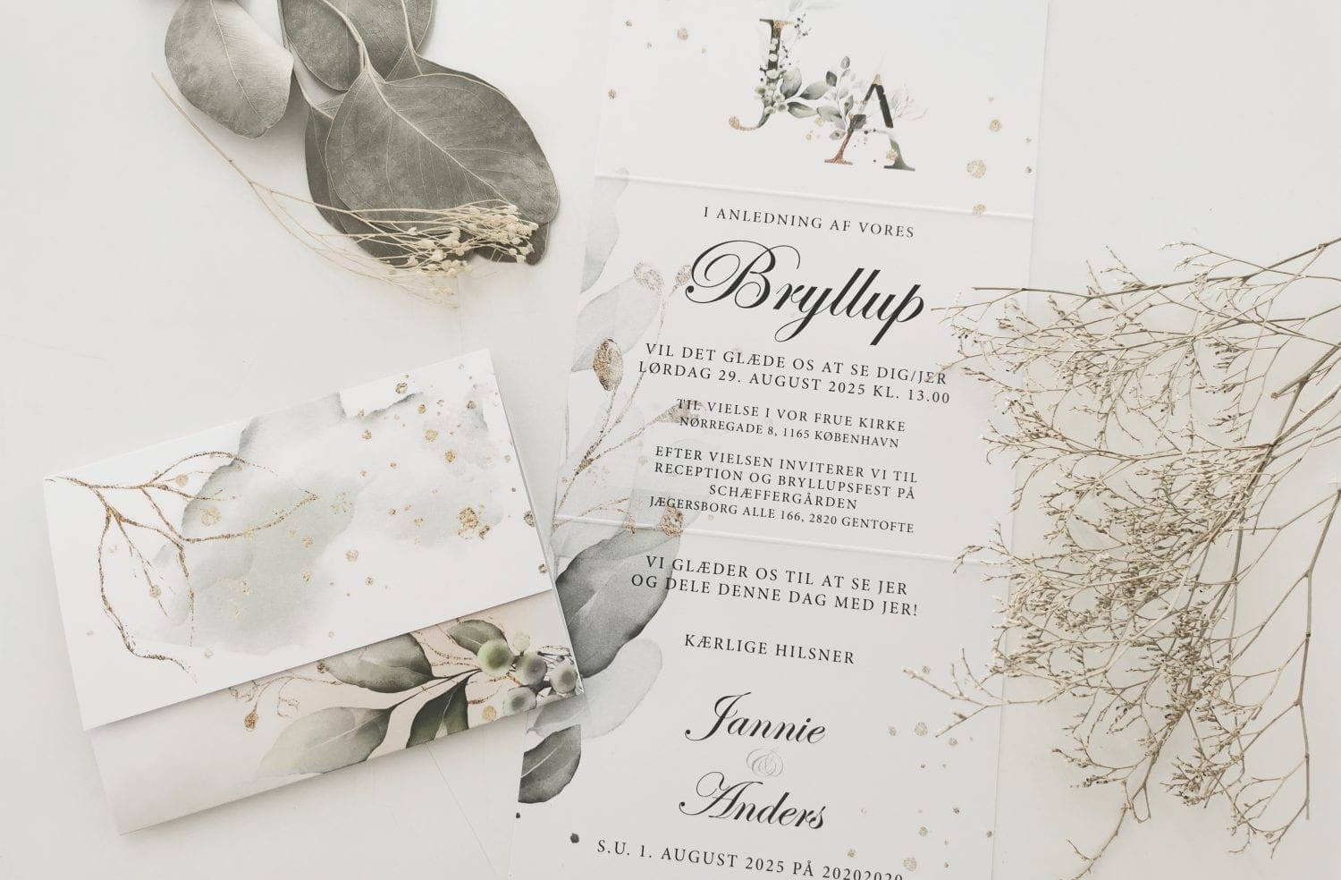 gold leaf. rulle fals. invitation. bryllup