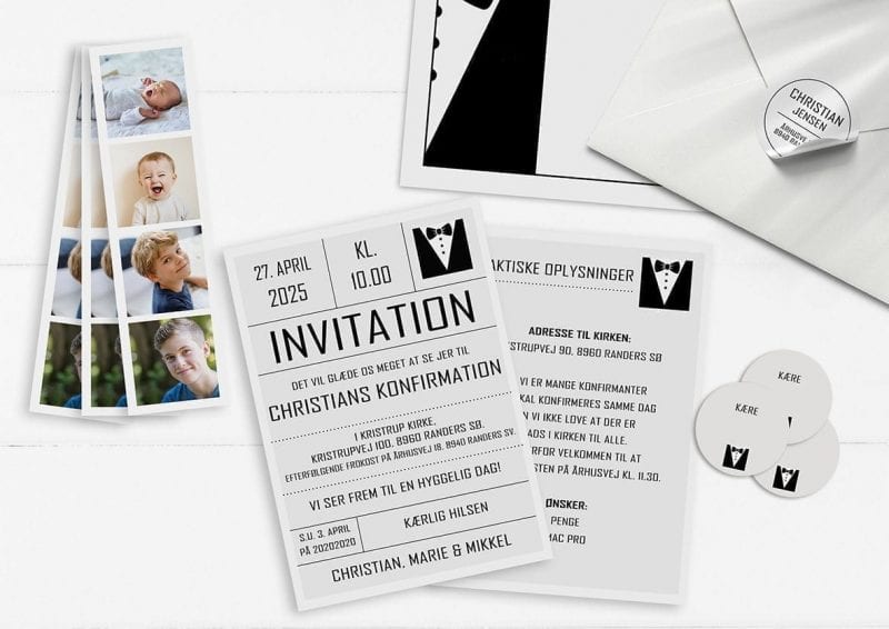 Invitation. Konfirmation. Dreng. Smoking. Jakkesæt. Sort og hvid