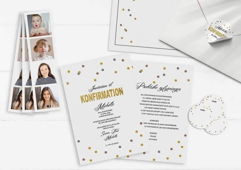 Invitation. Konfirmation. Pige. Prikker. Glitter. Guld