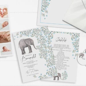 Barnedåbsinvitation dreng elefant grøn og blå