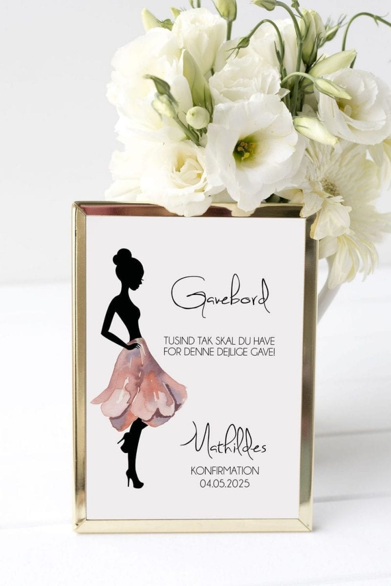 gavebord skilt konfirmation silhuette rose