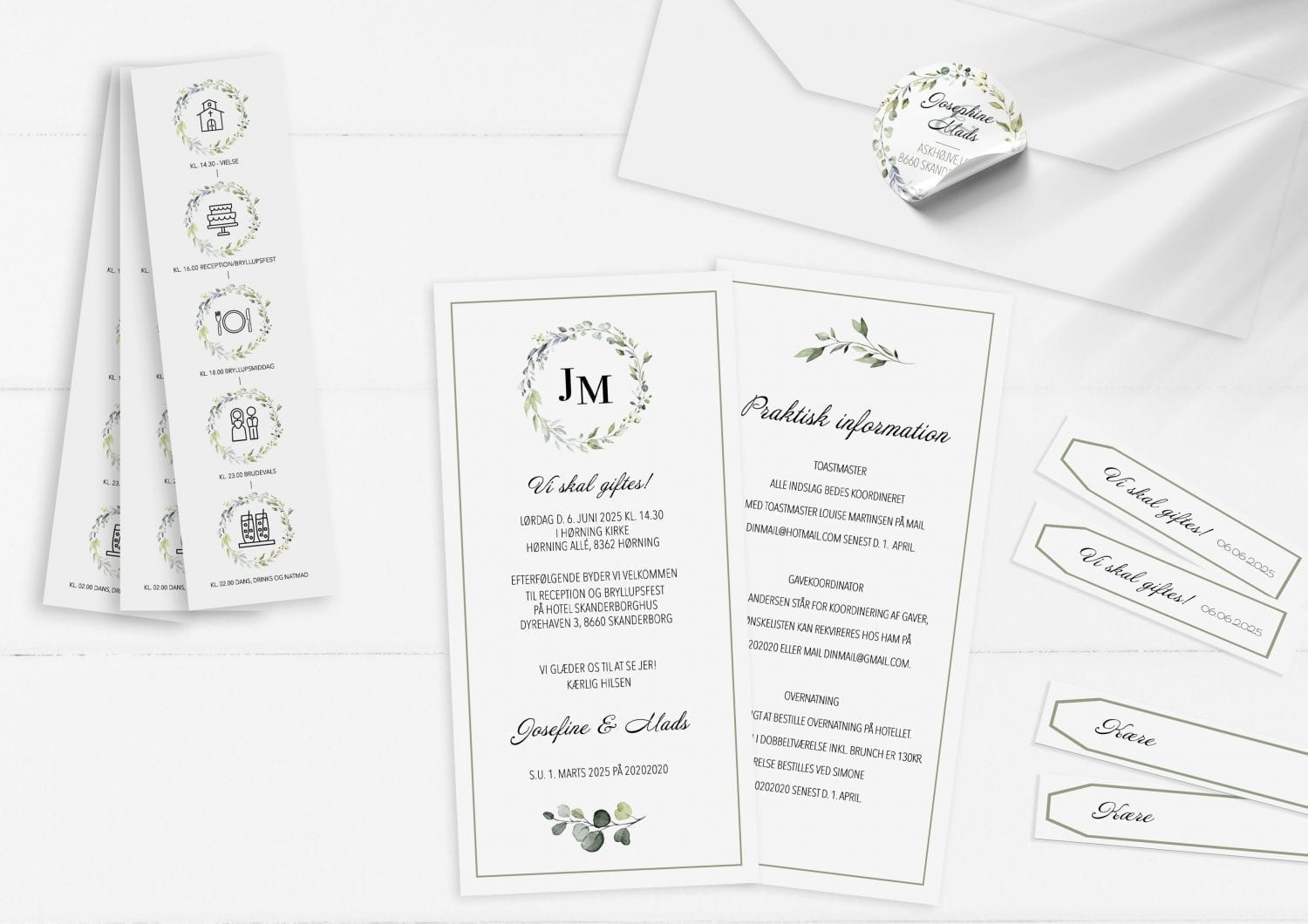dusty green. invitation. høj format. bryllup