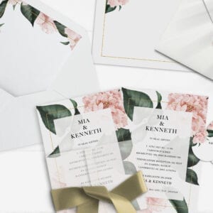invitation A5 gold frame lyserøde blomster