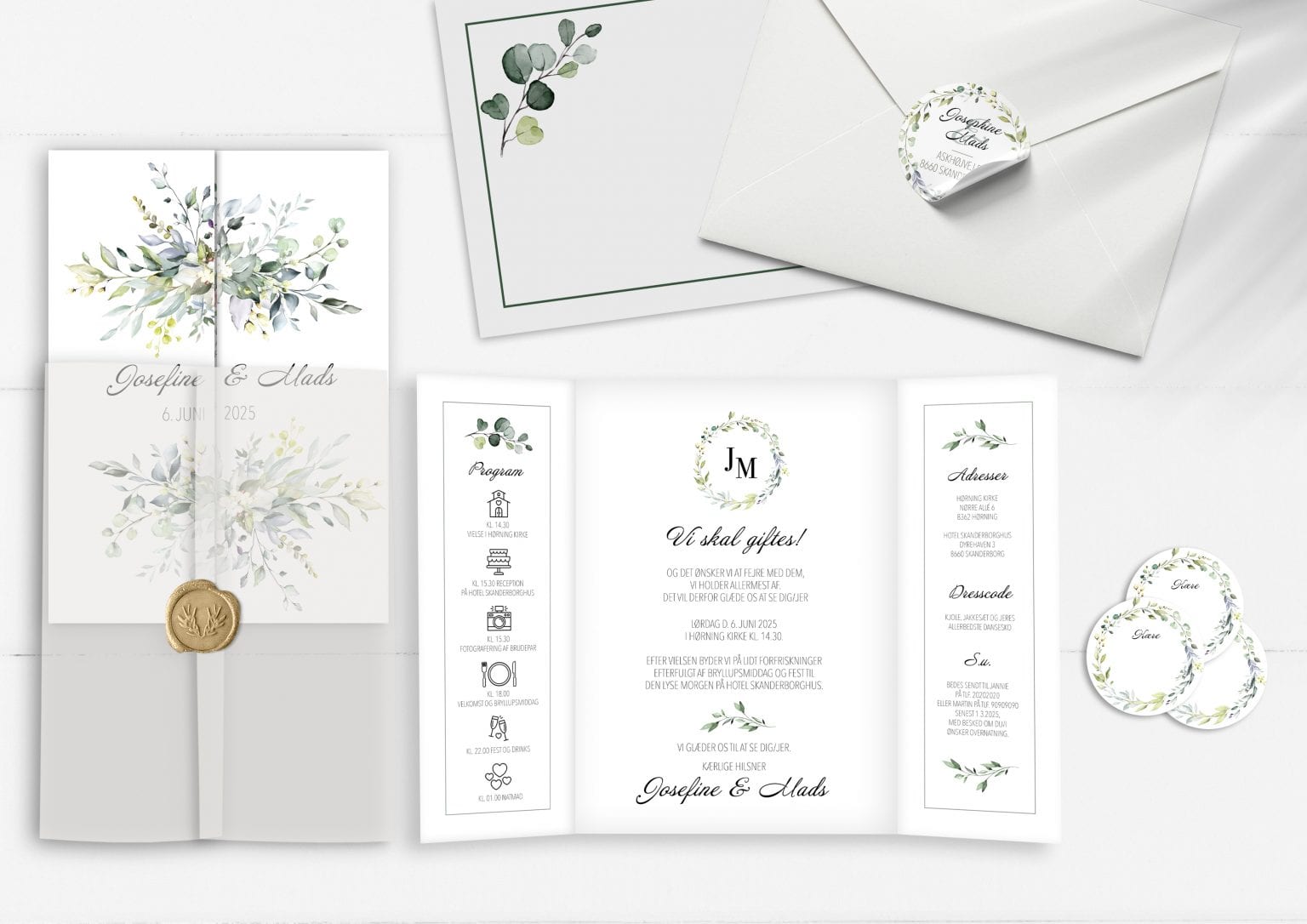 Dusty green portefals invitation med eucalyptus