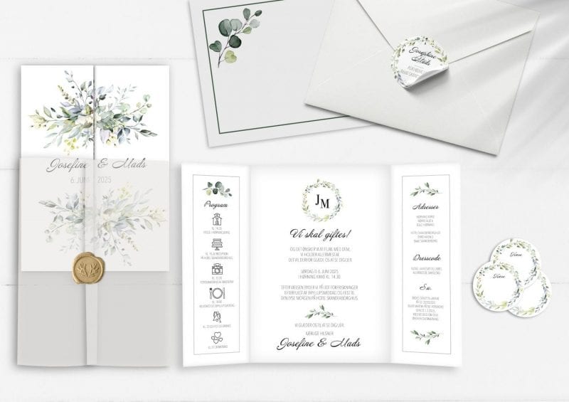 Dusty green portefals invitation med eucalyptus