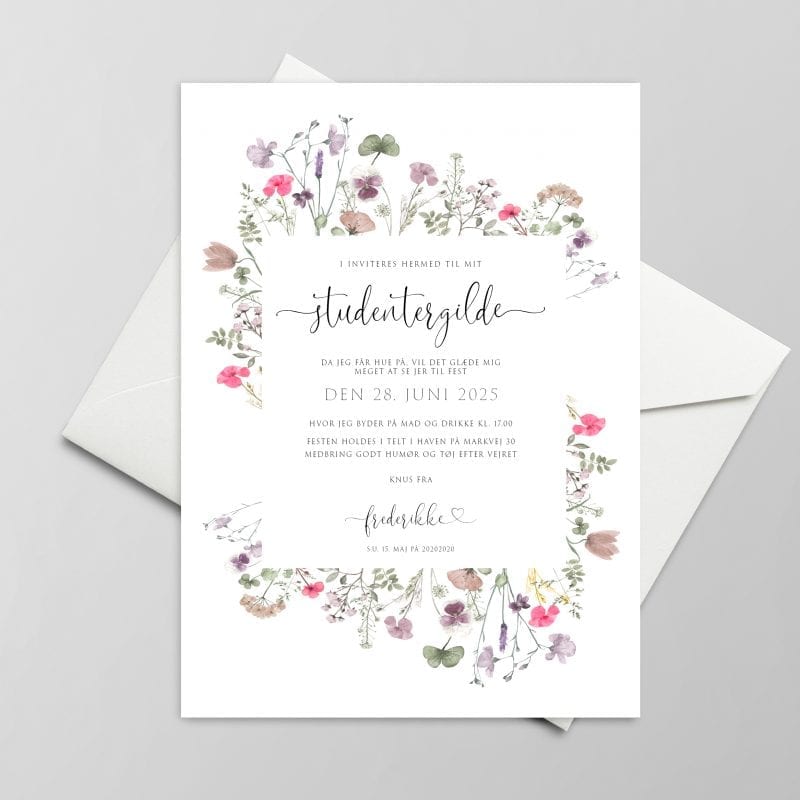 In Bloom studentergilde invitation pastelfarvede blomster