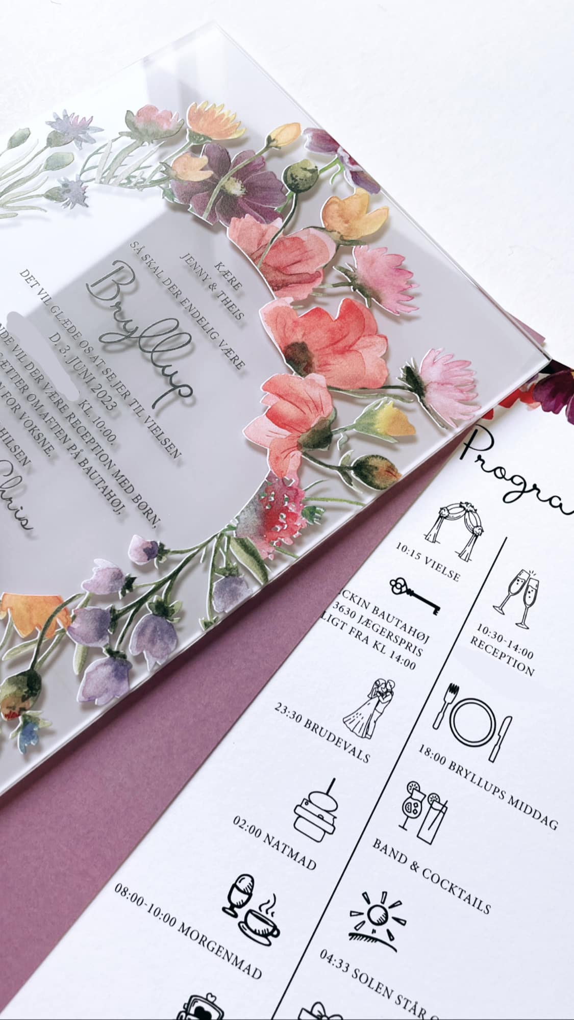 vilde blomster bryllupsinvitationer akryl