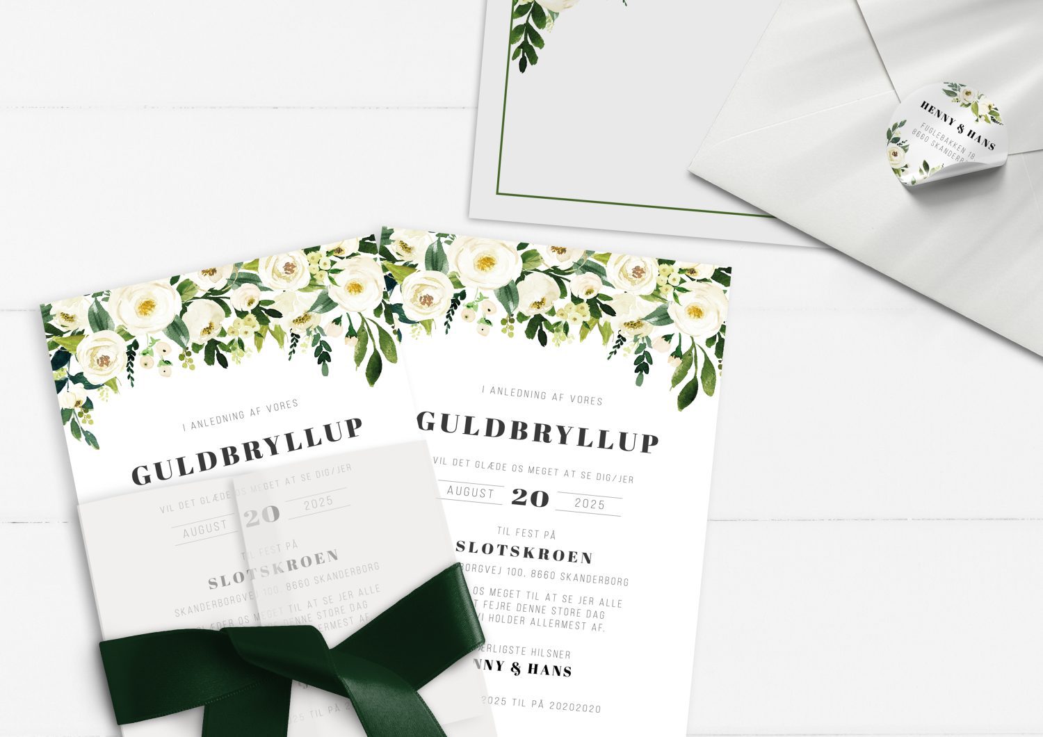 Guldbryllup invitation grønne blade og hvide blomster