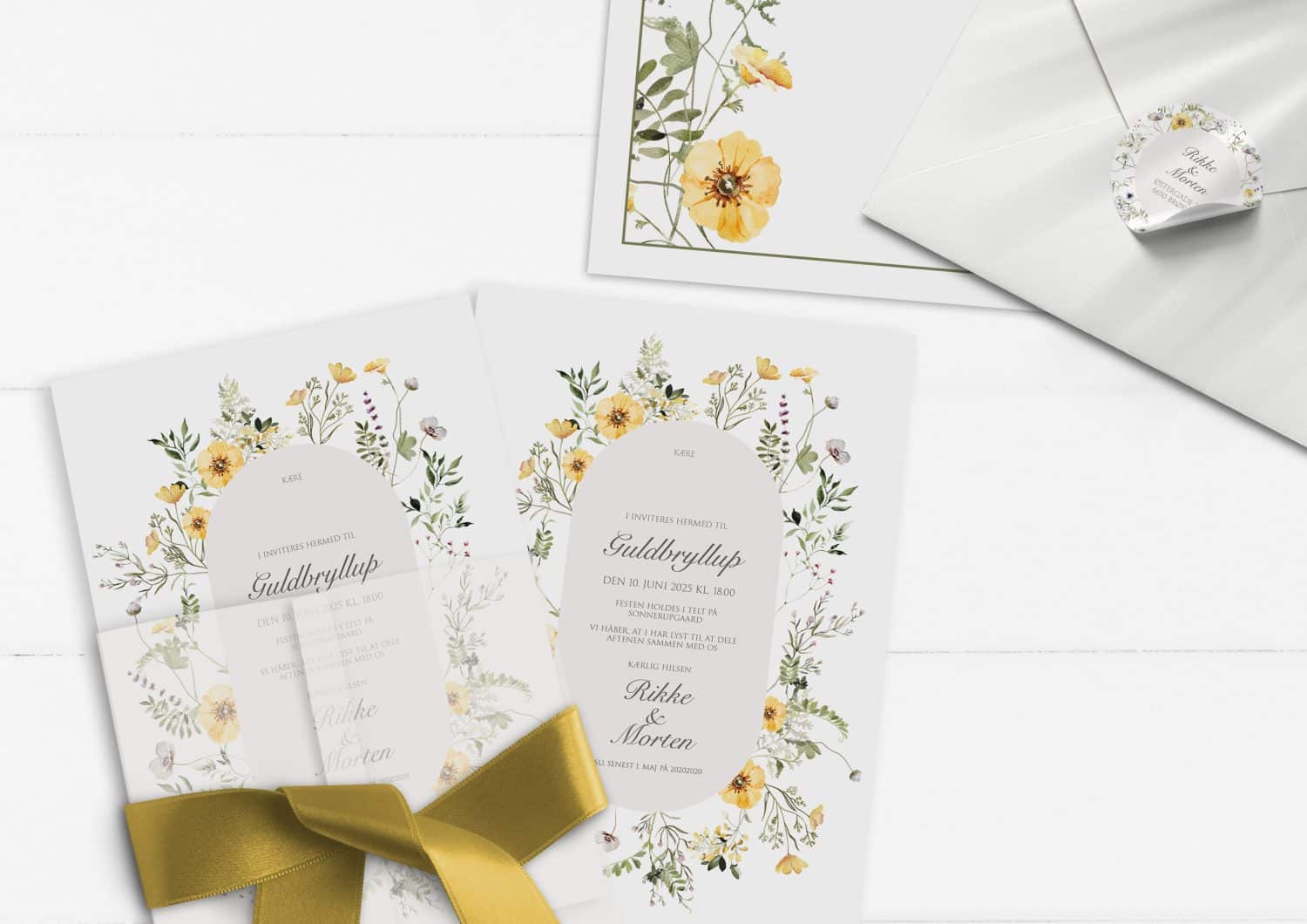 Invitation til gukdbryllup gule blomster