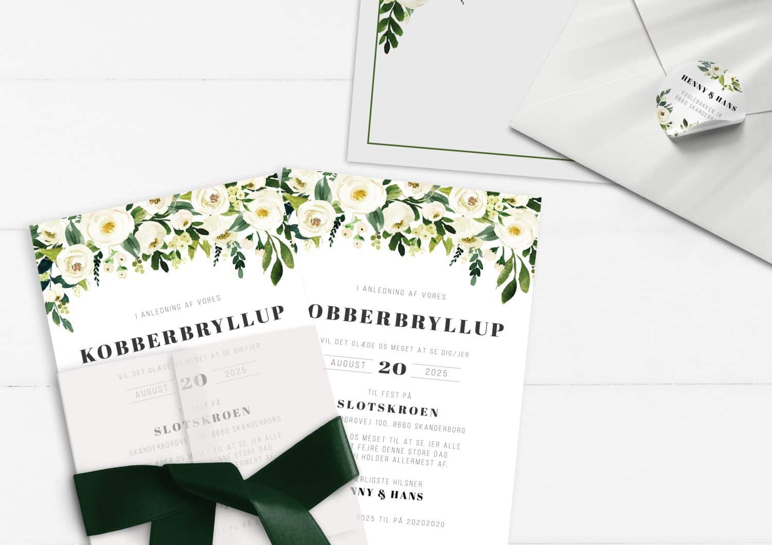 Kobberbryllup invitation grønne blade og hvide blomster