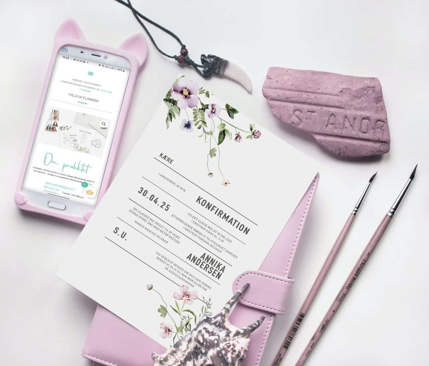field of flowers, invitation til konfirmation med markblomster i rosa farver