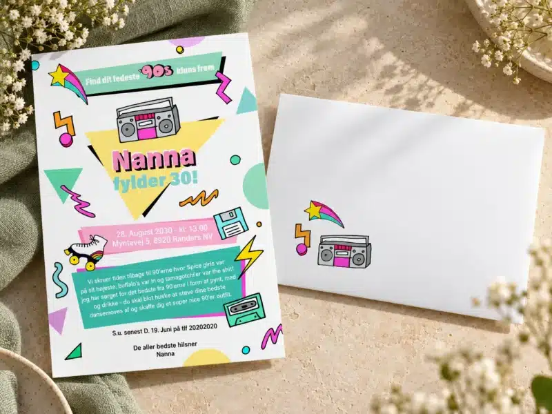 90's Party invitation til 30 års fødselsdag med farverigt 90'er tema, boombox og matchende kuvert