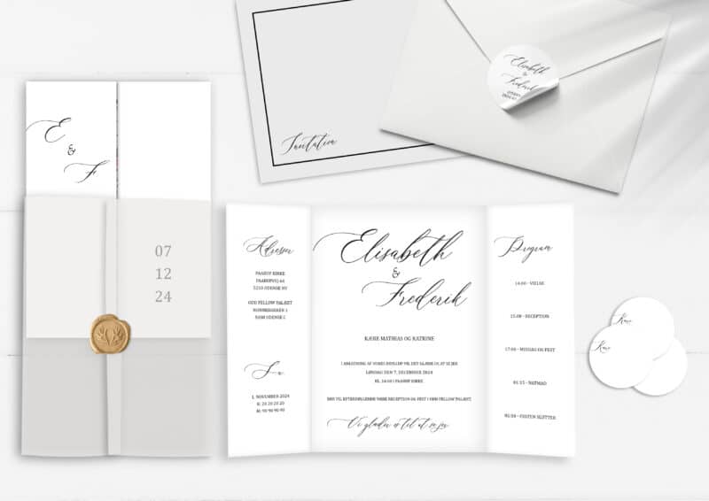 Bryllupsinvitation i enkelt minimalistisk design med smuk kalligrafi og et program for dagen