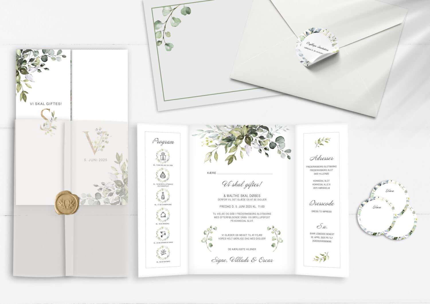Invitation til bryllup og barnedåb, greenery fame