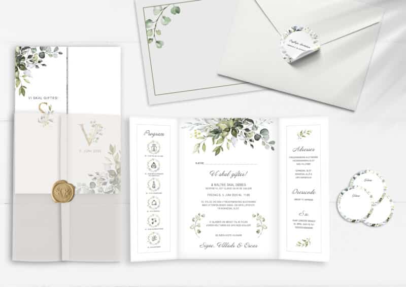 Invitation til bryllup og barnedåb, greenery fame