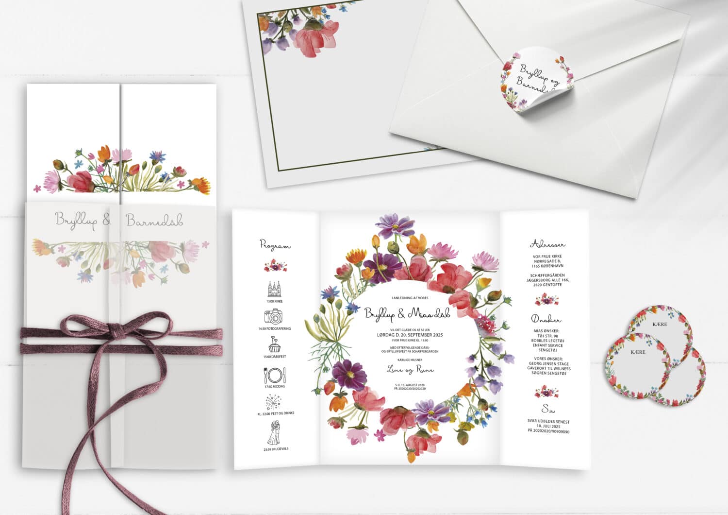 barnedåb og bryllups invitation, vilde blomster