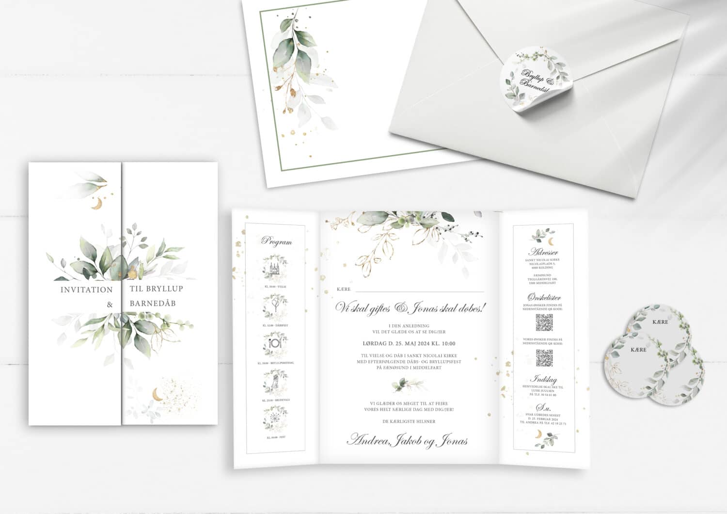 barnedåb og bryllups invitation i designet gold leaf