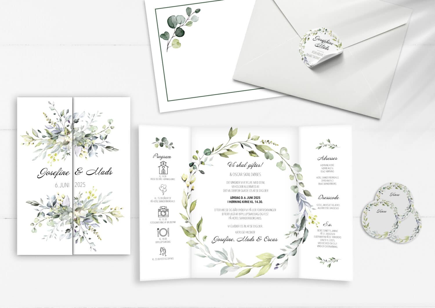 Invitation til bryllup og barnedåb i stilfuldt design - dusty green