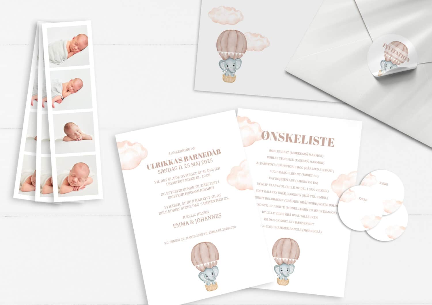 Invitation rosa luftballon med elefant i