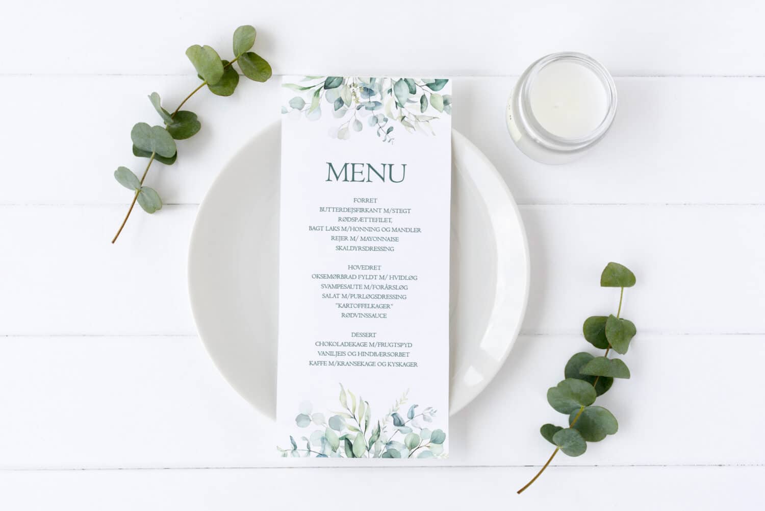 menukort med eukalyptus grene
