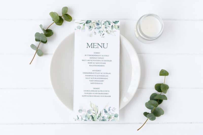 menukort med eukalyptus grene