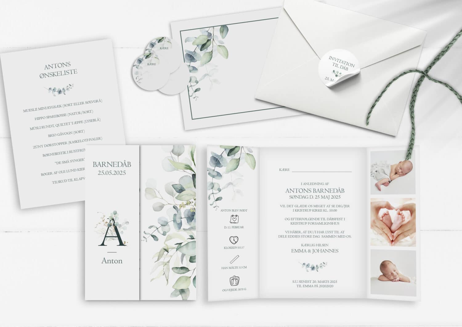 Portefals invitation til dåb med eukalyptus grene