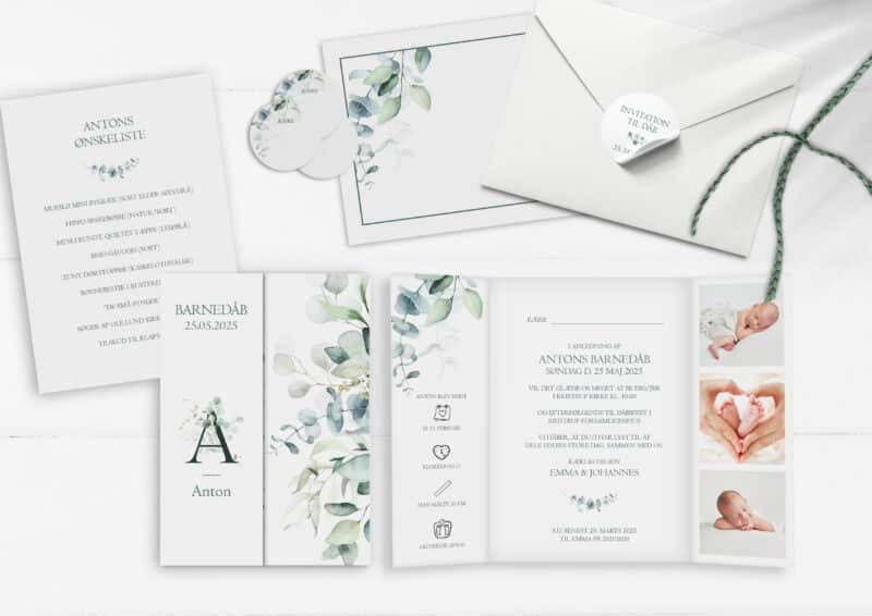 Portefals invitation til dåb med eukalyptus grene