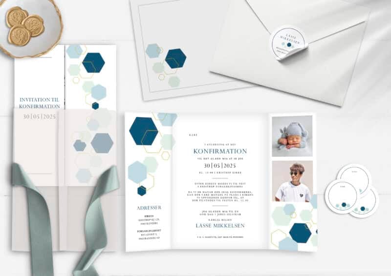 Portefals konfirmationsinvitationer til dreng. Geometrisk design med hexagoner i grøn og blå.