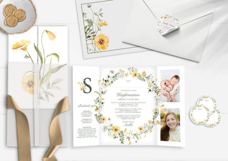 Portefals konfirmationsinvitation med gule blomster