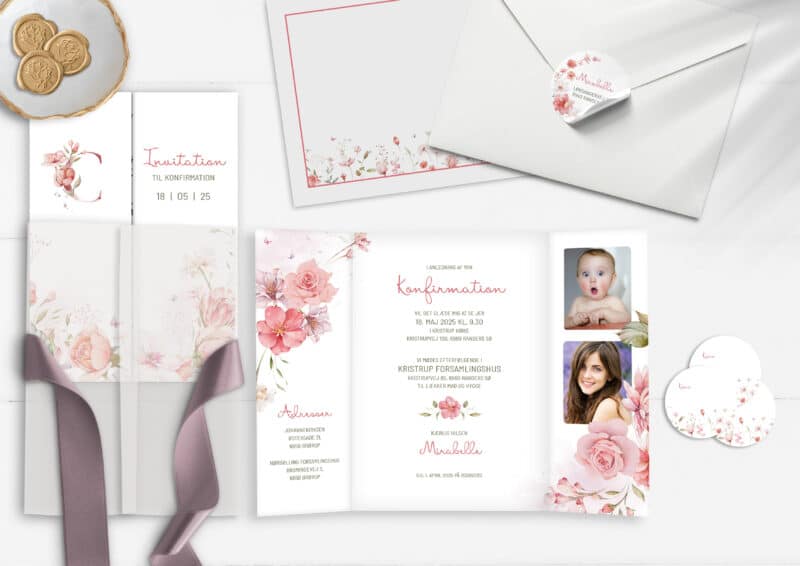 Smuk konfirmationsinvitation i portefals format. Designet er med lyserøde blomster, sommerfugle og romantisk watercolor effekt.