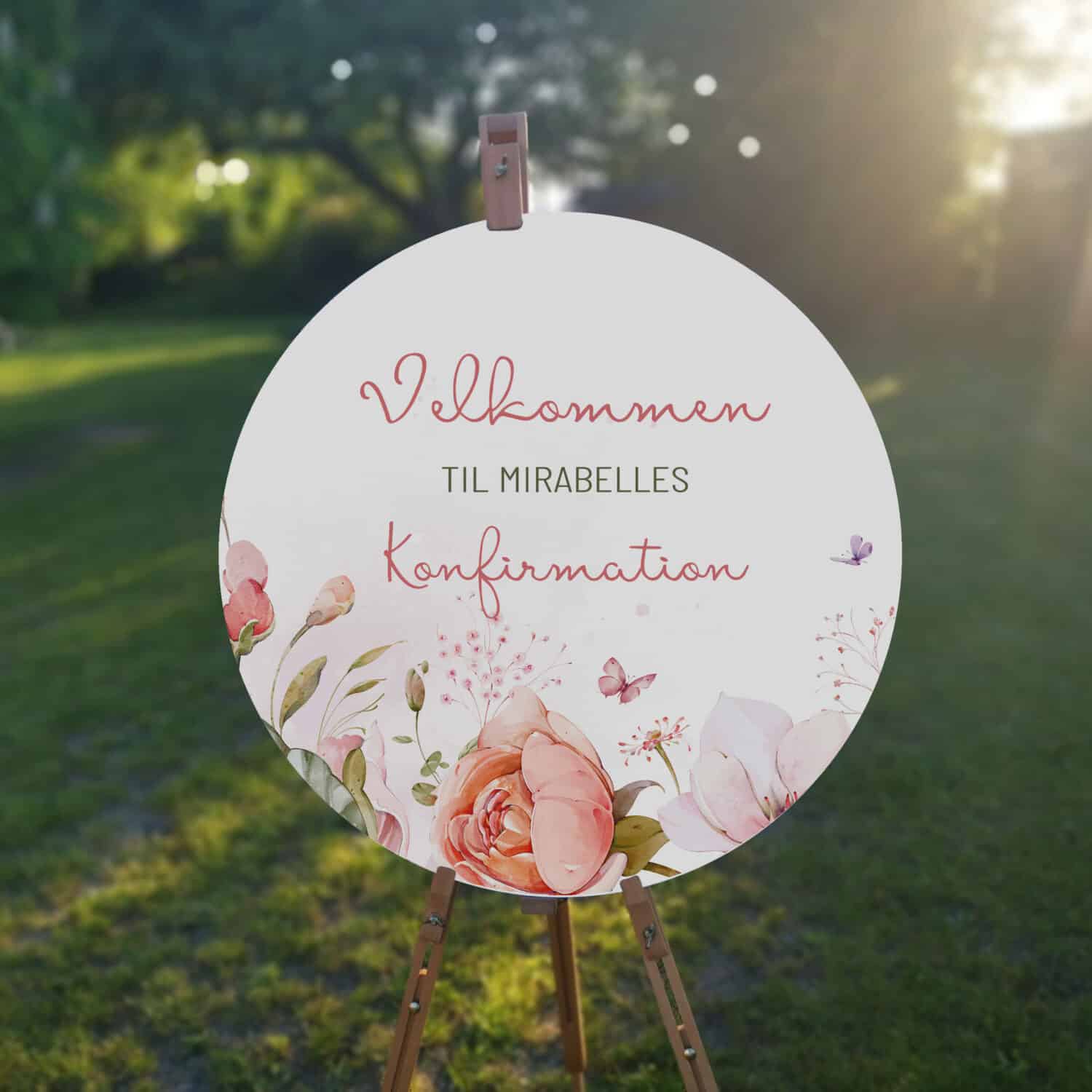 Velkomstskilt med smukke blomster og sommerfugle i Petal Grace designet