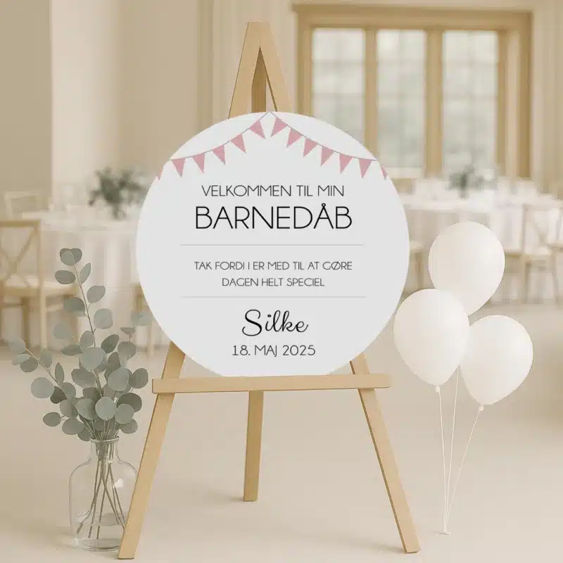velkomstskilt til barnedåb med rosa flagranke
