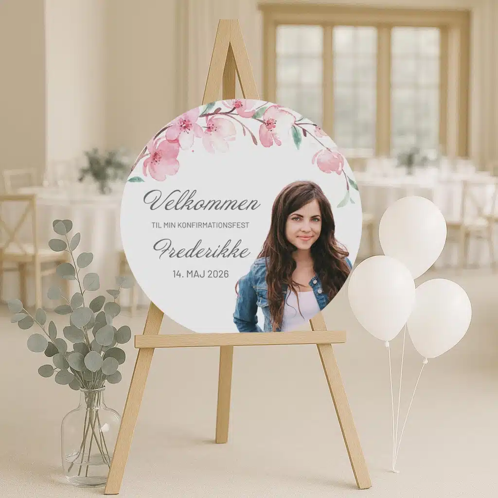 velkomstskilt til konfirmation med lyserøde blomster og billede