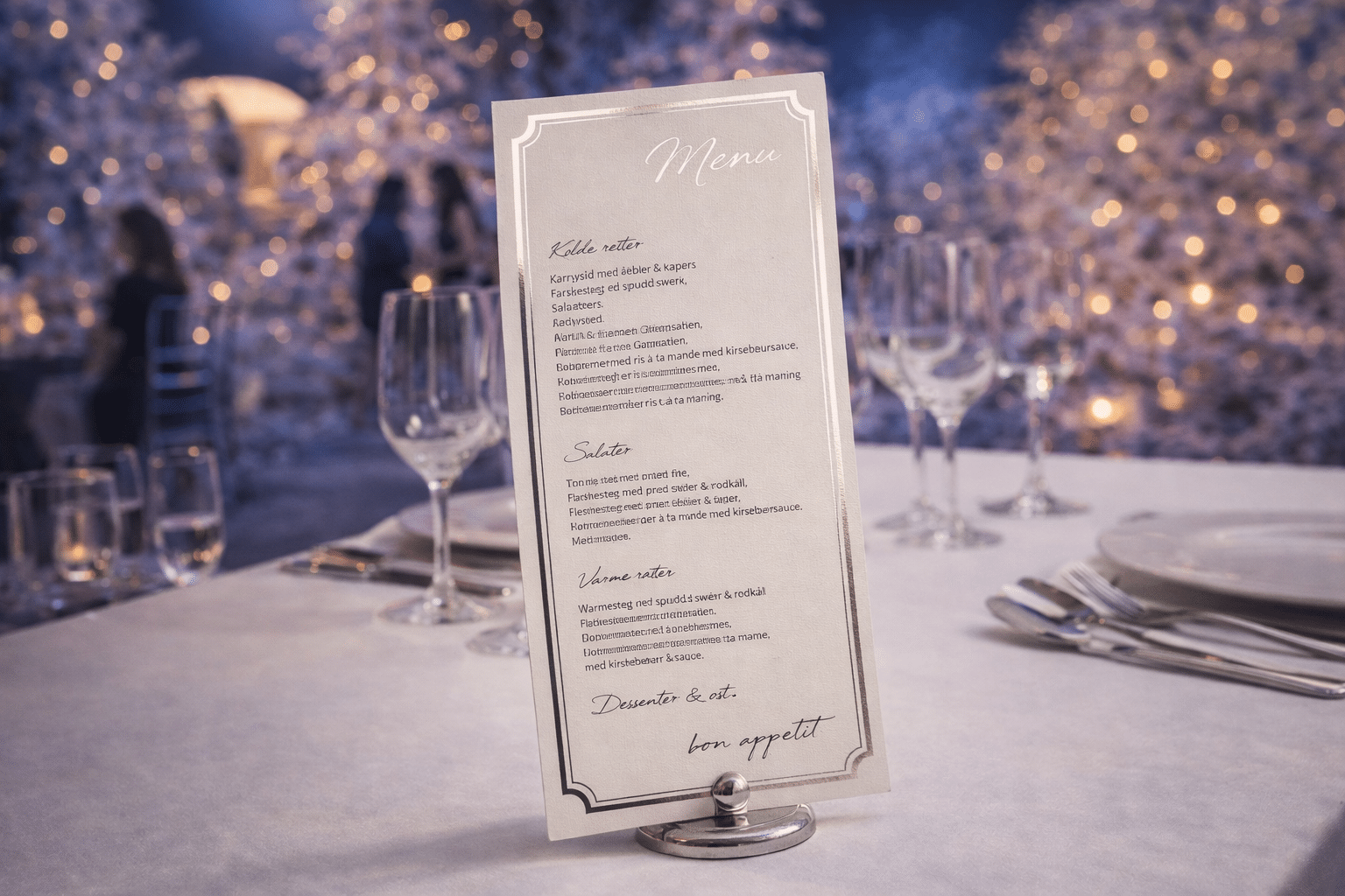 Menukort med sølvfolie til firmafest med Winter Wonderland tema