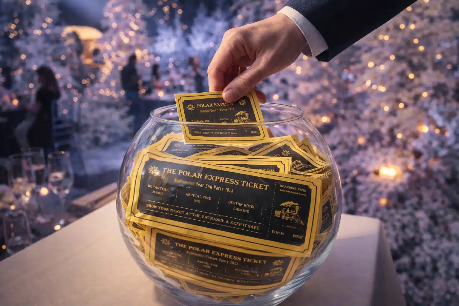 Billet og invitation til firmafest med Polarekspressen tema