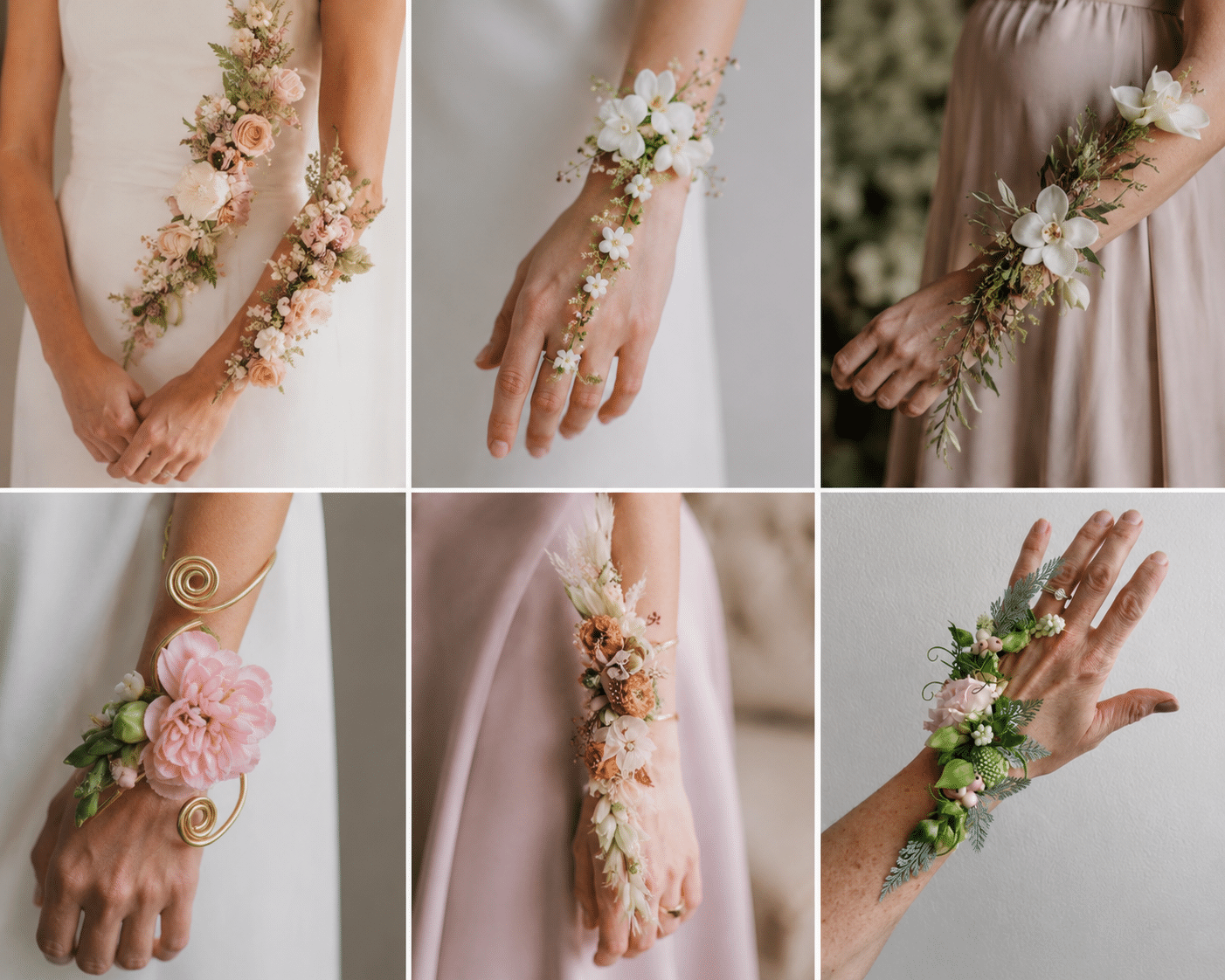 Anderledes brudebuket med blomster på hånden og armen