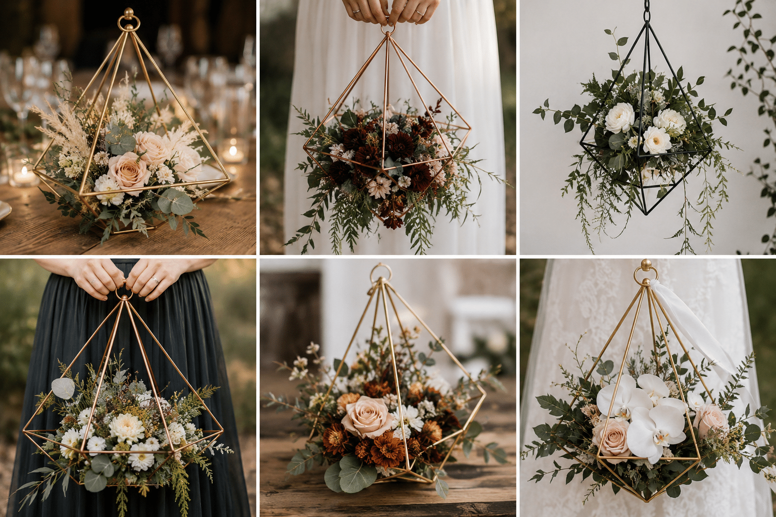 Anderledes brudebuket med blomster designet ind i geometrisk metal kube