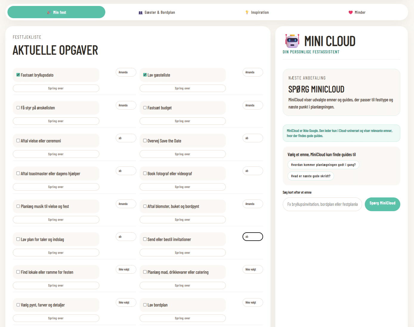 Tjekliste i Club Cloud med ansvarlig person på opgaver