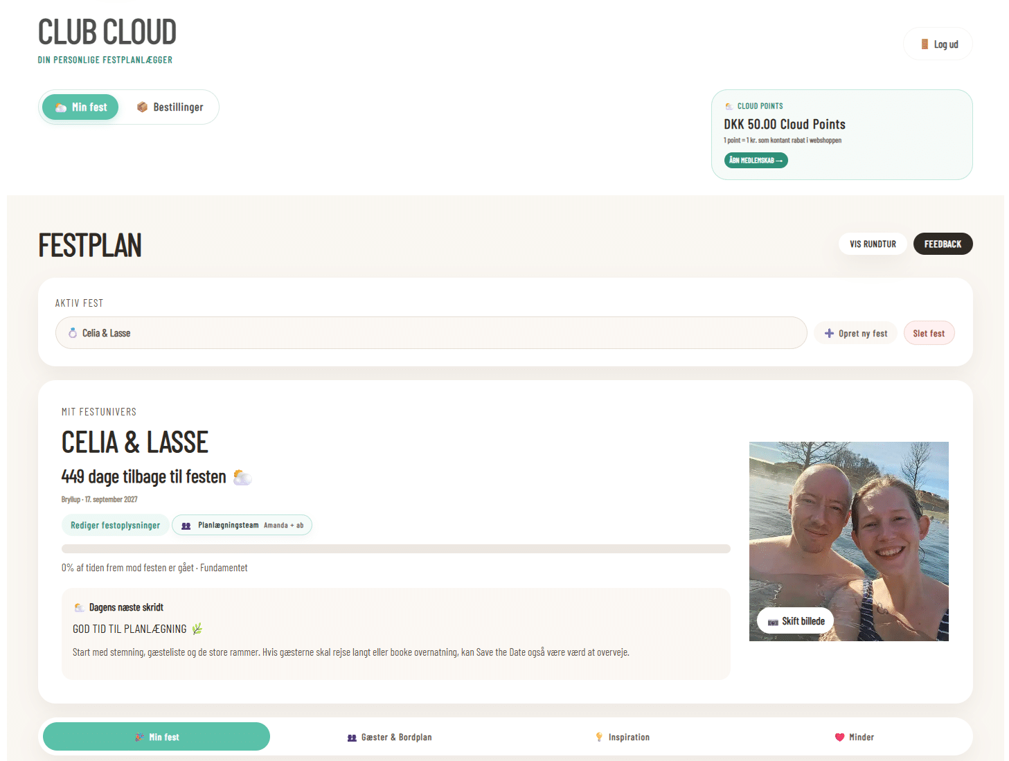 Club Cloud dashboard til festplanlægning med tjekliste, gæster, budget og bordplan