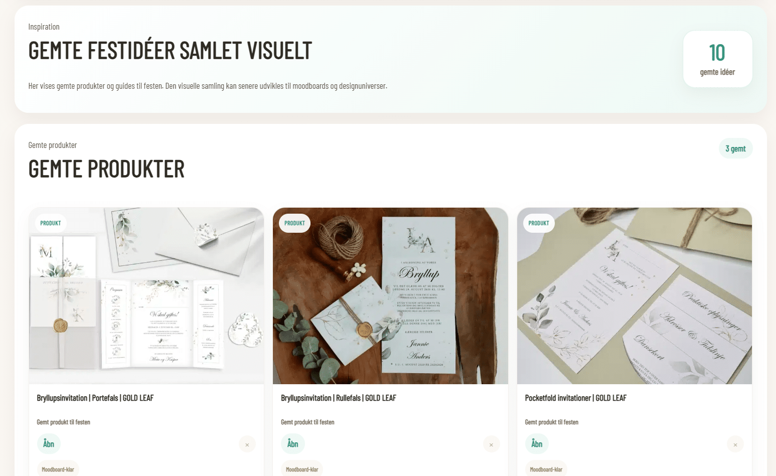 Inspirationsfane i Club Cloud med gemte produkter og guides til festen