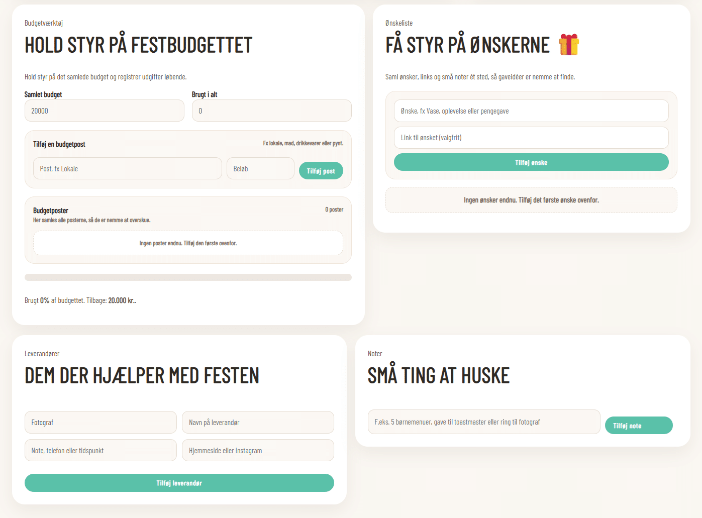 Club Cloud overblik med gæster, budget, tjekliste, bordplan og inspiration