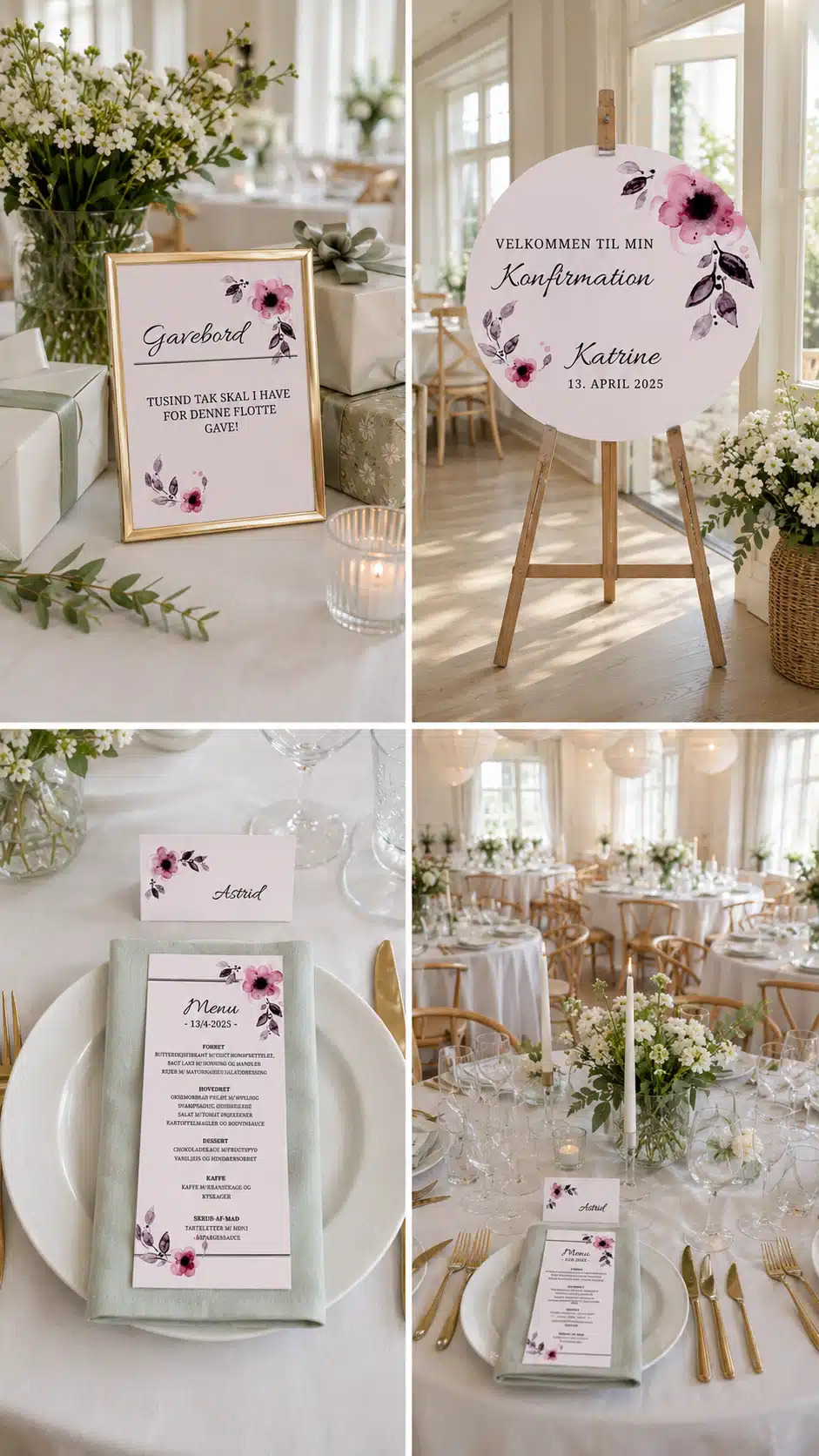 Always Pink designunivers med rosa blomster, gavebordsskilt, velkomstskilt, bordkort, menukort og lys borddækning