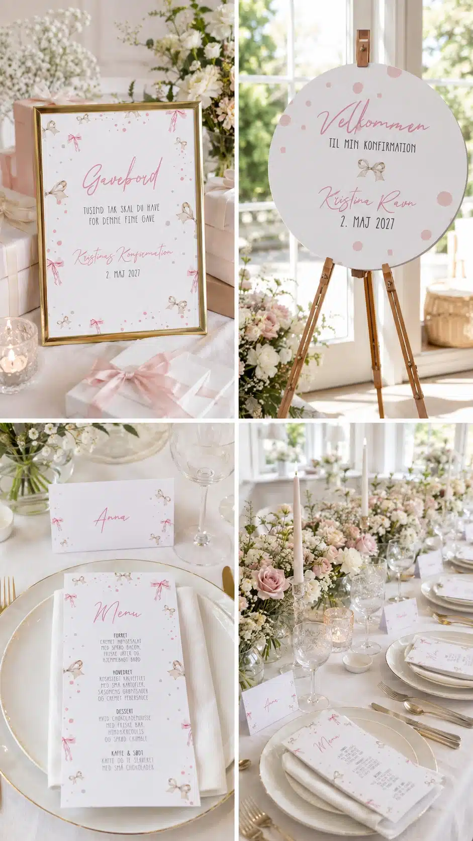 Bow Bliss designunivers til konfirmation med blush pink akvarelsløjfer