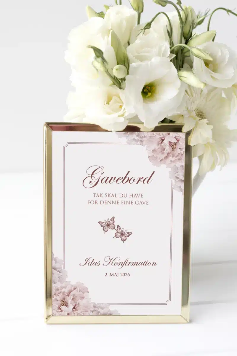 Gavebord skilt med rosa blomster og sommerfugle