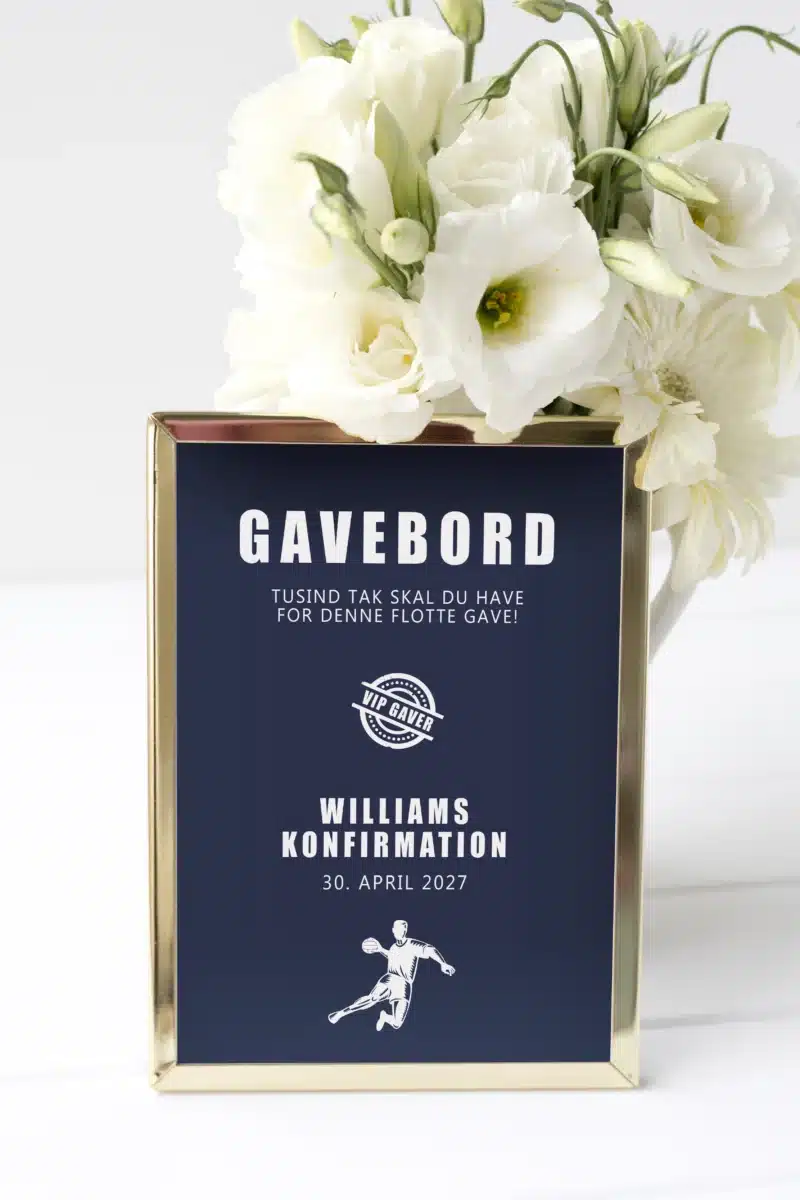 Gavebordskilt med håndbold tema i blå farve