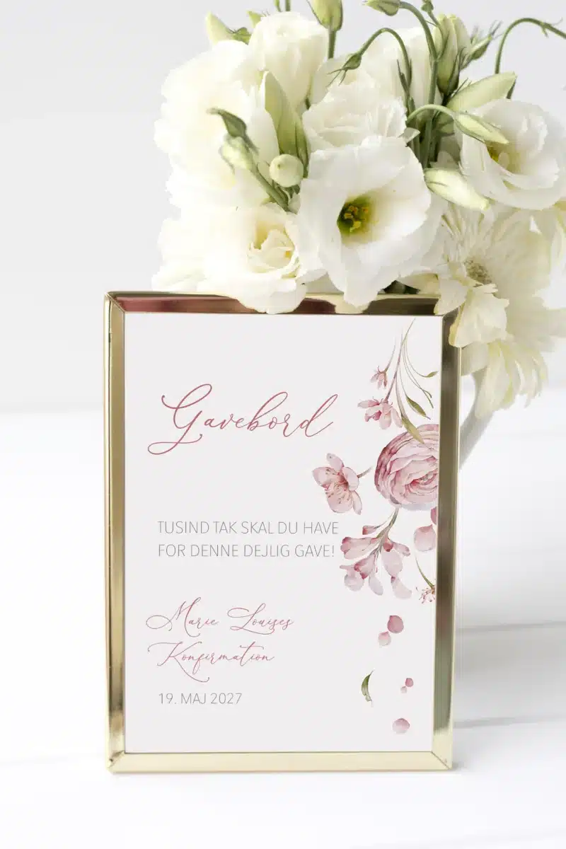 Gavebord skilt i lyserøde, rosa og lavendel nuancer - perfekt til en feminin konfirmation