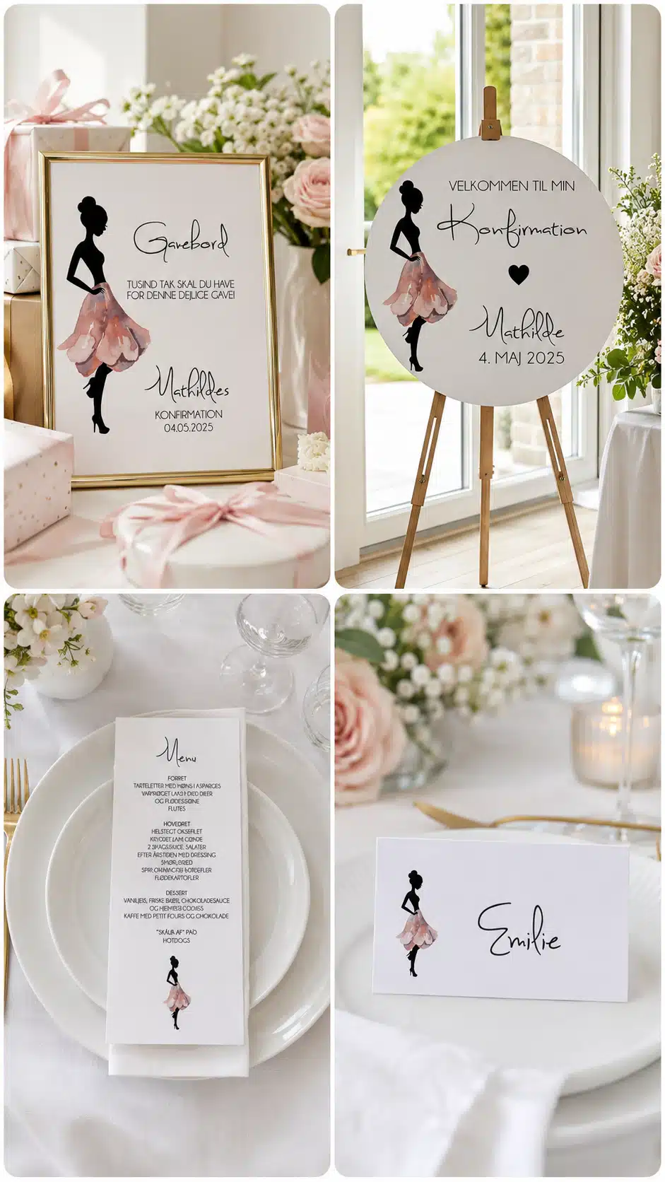 Silhuette Rose designunivers med sort pigesilhuet, blush pink kjole, gavebordsskilt, velkomstskilt, menukort og bordkort