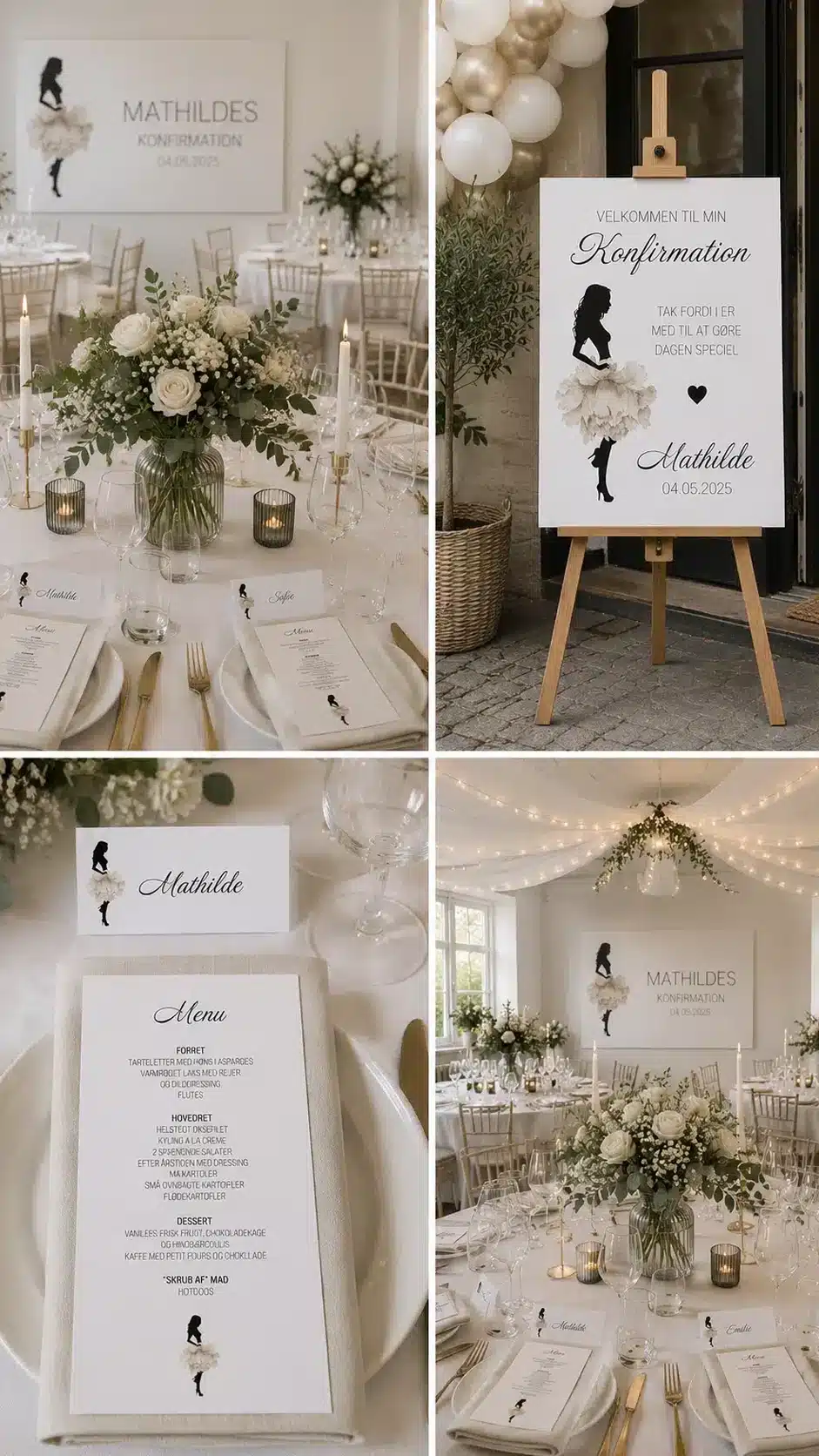 Silhuette White designunivers med pigesilhuet, lys borddækning, velkomstskilt og menukort